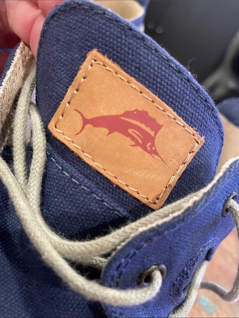 Tommy Bahama Navy Canvas Boat Shoes with Tan Laces